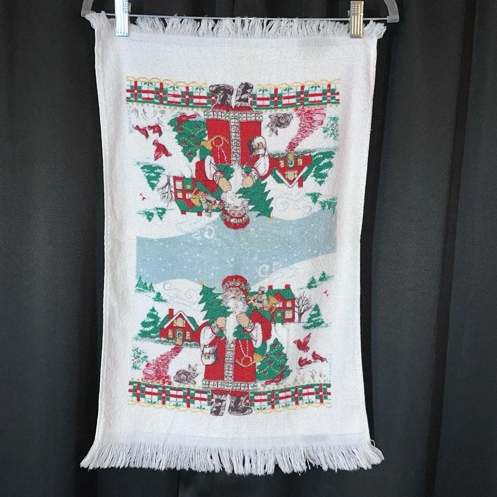Vintage‎ Cannon Tea Hand Towel Christmas Santa Cardinals Winter Fringe 15x24